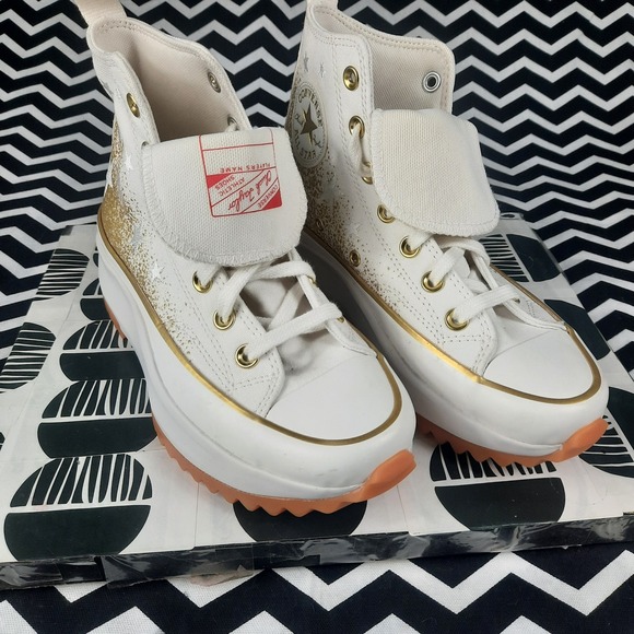 Converse Run Star Hike High Top Gold  Glitter Stars Sneakers Womens 6.5 Mens 5 - Picture 7 of 8